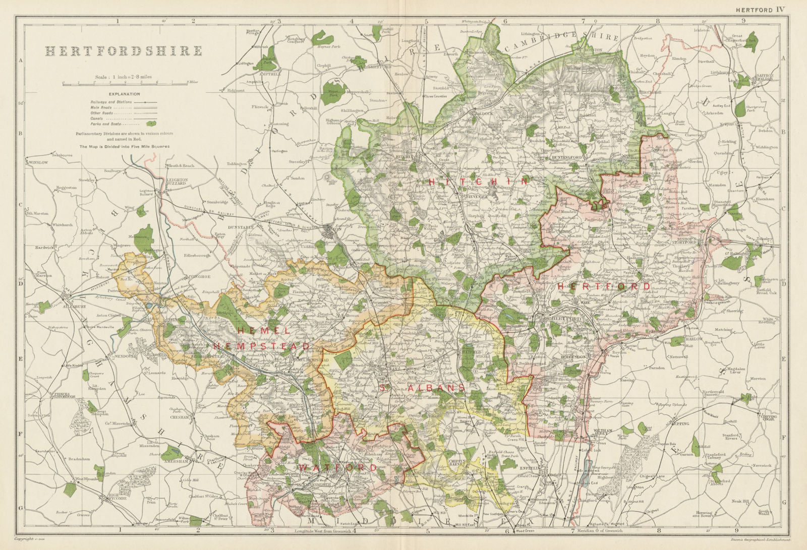 HERTFORDSHIRE. Showing Parliamentary divisions, boroughs & parks. BACON 1934 map